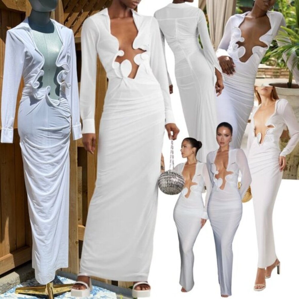 🆕 CHRISTOPHER ESBER 🧿 NWOT Venus Plunge Shirt Maxi Dress, White - Sz AU8 US 4